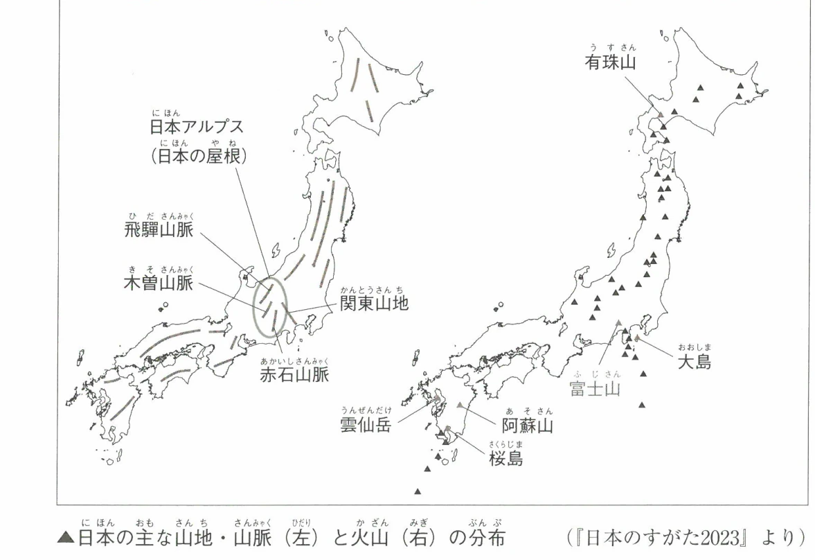 ▲日本の主な山地・山脈(左)と火山(若)の分布
