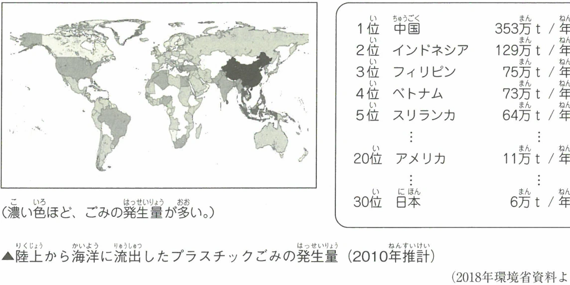陸上から海洋に流出したプラスチックごみの発生量 (2010年推計)