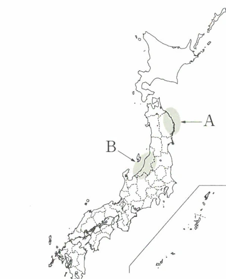 日本地図に示された地域A・地域B