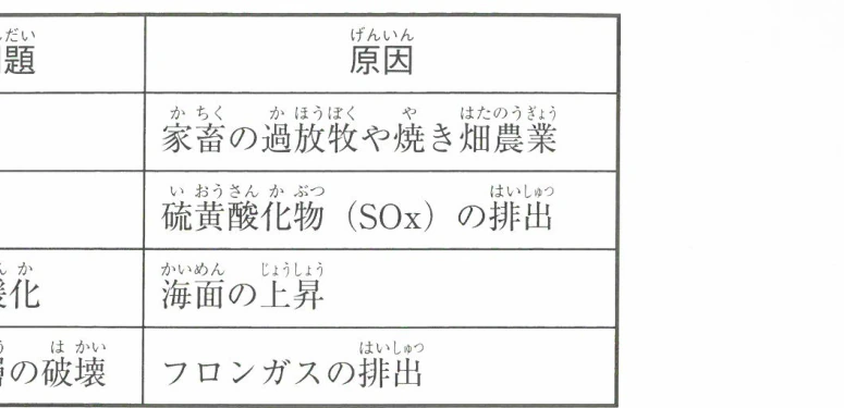 環境問題と原因の組み合わせ